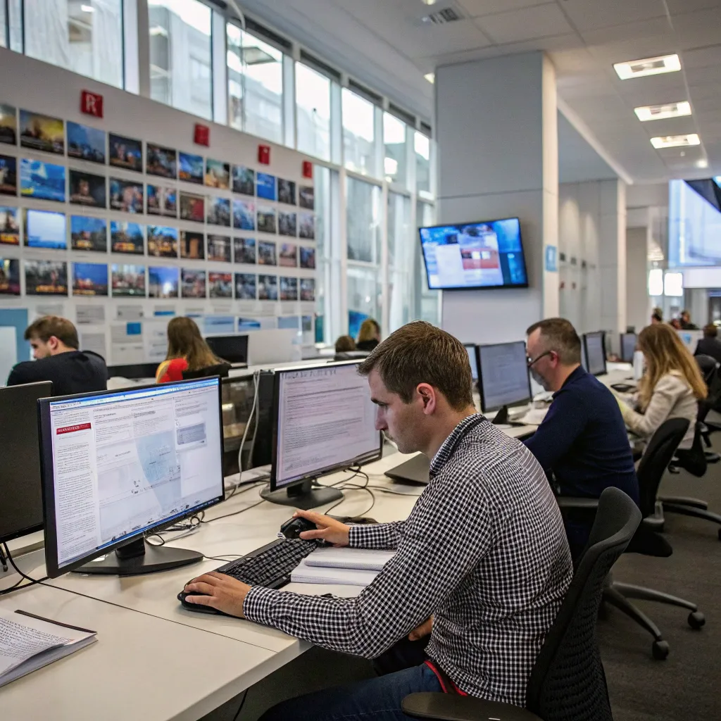 Journalists working in a newsroom